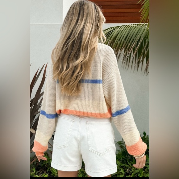 Presley - beige colorblock striped drop shoulder cozy sweater - Picture 4 of 4